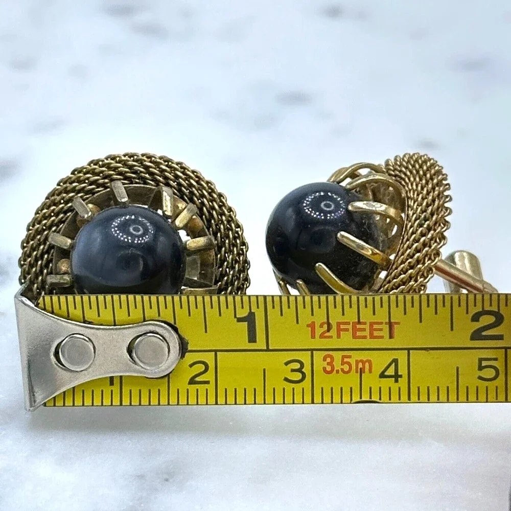 Men Vintage Gold Tone Mesh Contour Gray Inlay Round Bullet Back Cufflinks